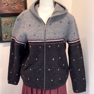 Woolrich Onyx Heather Zip front Wool Sweater with hood. Size Medium